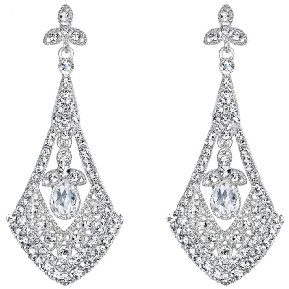 Silver with White Diamond Crystal Art Deco Rhombus Chandelier Post Back Earrings